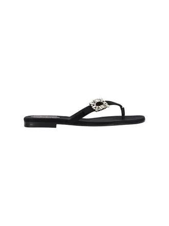 Roger Vivier Black Satin Crystal Slides Sandals