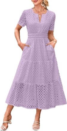 Generic Womens Summer Dress V Neck Boho Maxi Dresses Casual Short Sleeve Long Bohemian Hollow Out Eyelet Beach Dress Ladies Flowy Holiday Swing Loose Fit Dres