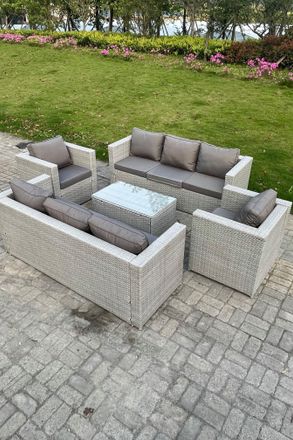 Fimous Outdoor PE Rattan Garden Furniture Set Wicker Sofa Set Oblong Coffee Table 2 Armchair in Light Grey