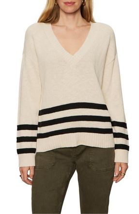 Sanctuary Stripe Hem V-Neck Cotton Sweater in Light Oat Beige/Black at Nordstrom, Size Xx-Large P