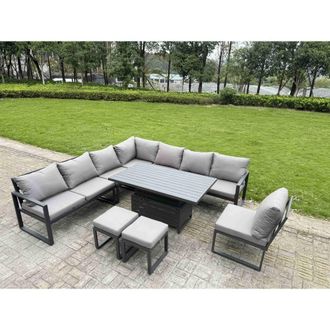 Fimous ALuminum 9 Piece Patio Set with Lifting Table, Cushions & 2 Stools in Dark Grey