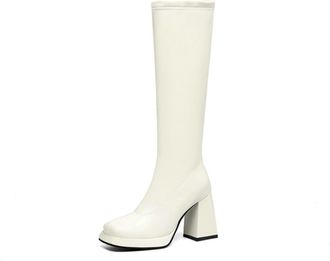 Generic Womens Square Toe Knee High Boots Chunky High Heel Platform Knight Boots PU Leather Long Boot with Zipper,White,7.5 UK