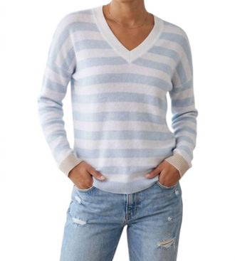 Kinross Cashmere Long Sleeve Stripe V Neck Sweater In Sky Multi