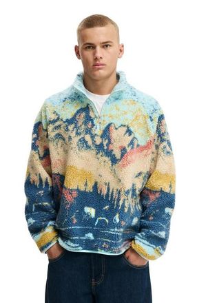 Cotton On Mens Quarter Zip Teddy Fleece in Blue Multi Mountains at Nordstrom, Size Xx-Large