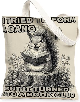 Generic Funny Squirrel Canvas Tote Bag, Quirky Animal Print Reusable Grocery Bags, Lightweight Washable Shoulder Strap Canvas Bags, Beige, 13x15 Inch