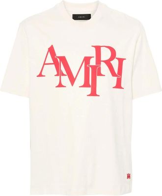 Amiri T-Shirts, male, Beige, 2XL, Red Logo Printed T-Shirt in Beige
