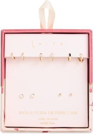 Leith Set of 5 Cubic Zirconia Bezel Stud & Hoop Earrings in Clear- Gold at Nordstrom Rack