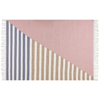 Beliani Alfombra De Lana Rosa Blanco Beige Azul 140 X 200 Cm Yute A Mano Borlas Engiz
