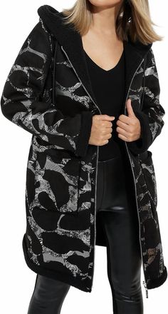 Joseph Ribkoff Double Front Pocket Hooded Jacket In Black/silver