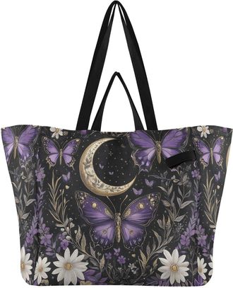 Generic Moon Flower Purple pattern Reusable Canvas Tote Bag, Heavy Duty Grocery Shopping Bag with Large Capacity Double Handles Hard Bottom Work Groceries Tra