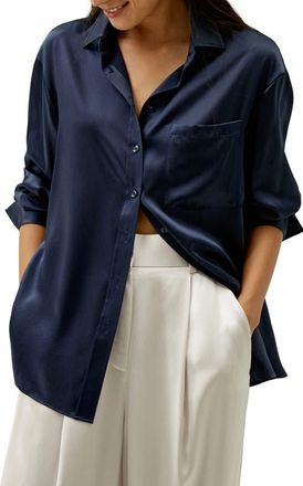 LilySilk Casual Spread Collar Silk Shirt in Navy Blue at Nordstrom, Size Medium
