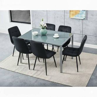 Kosy Koala Grey Glass Dining Table with 6 Black Velvet Chairs Set | Size: 120 cm x 70 cm