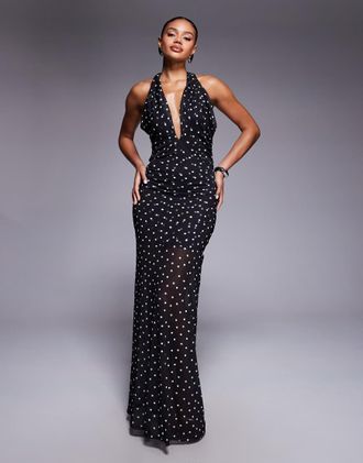 Asos Vestito lungo in rete a pois allacciato al collo con gonna trasparente-Multicolore