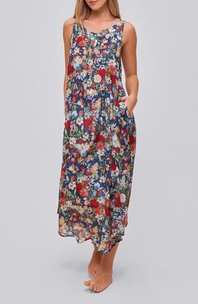 Papinelle Sleepwear Holly Floral Pleated Cotton Voile Nightgown in Navy at Nordstrom, Size Medium