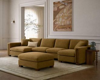 Castlery Tan France Kagan 4-Piece U-Shape Sectional Couch with Ottoman, Basketweave Caramel, Brown Color, Modern Heritage Modular Sofa, Castlery
