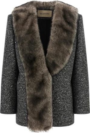 Valentino Garavani Enkelrijige Chevron Boucl&eacute; Caban met Shearling - Dames - Blazers - Zwart - S - Wol - Jassen