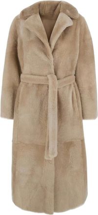 Yves Salomon Lange omkeerbare shearling jas met ceintuur - Dames - Jassen - Beige - Maat: 2XS Su&egrave;de