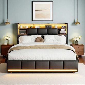 OEM Cama Doble Hidr&aacute;ulica - 140x190 Cm - Cofre De Almacenamiento - Led - Dise&ntilde;o Negro Oro Luxe