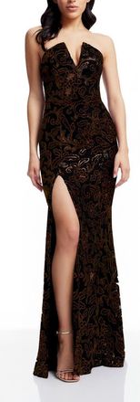 Dress The Population Fernanda Floral Sequin Strapless Evening Gown in Mocha-Black at Nordstrom, Size Xx-Small