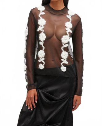 Ganni Flower Crochet Mesh Top In Black