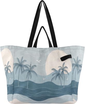 Generic Seagull Palm Tree Blue print Reusable Canvas Tote Bag, Heavy Duty Grocery Shopping Bag with Hard Bottom Large Capacity Double Handles Work Groceries T