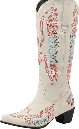 Generic Cowboy Boots for Women -Wide Calf Knee High Cowgirl Boots with Embroidery Pointed Toe Chunky Heel Western Cowgirl Boot Beige