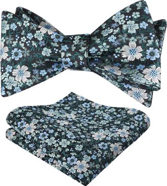 Alizeal Mens Self Tied Floral Classic Bow Tie and Pocket Square Colorful Wedding Party Bow Tie and Handkerchief Set, Dark Green+Sage