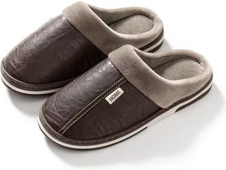 Generic Home Cotton slippers Men Slippers Leather Home Slippers For Men Waterproof Warm House Slippers Male Fur Slippers Couple Platform (Brown, UK Footwear S