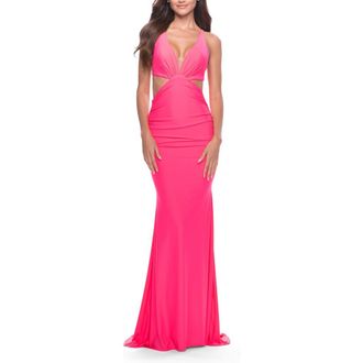La Femme Prom Dress with Cut Out Sides and Low Open Back in Neon in Neon Pink at Nordstrom, Size 00