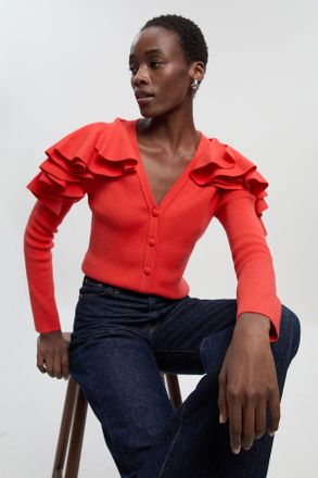 Karen Millen Womens Compact Wool Look Ruffle V Neck Cardigan - Red Viscose - Size X-Small