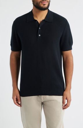 Nordstrom Short Sleeve Textured Cotton & Silk Polo Sweater in Black at Nordstrom, Size Xx-Large