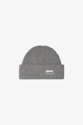 Ganni Grey Oversized Wool Rib Knit Beanie