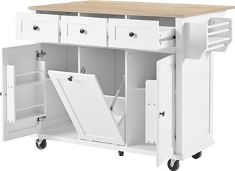 STILVORA Isla De Cocina Con Cajones, Encimera Extensible, Compartimento Para Residuos Y Toallero, Blanco Y Natural