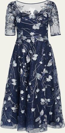 Teri Jon Floral-Embroidered Tulle Cocktail Dress