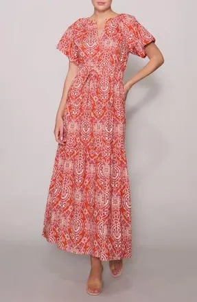 Melloday Floral Puff Sleeve Tiered Maxi Dress in Rust Stone at Nordstrom Rack, Size X-Large