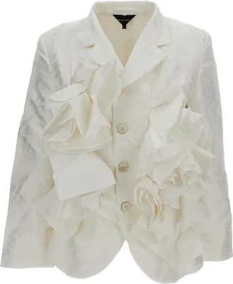 Comme Des Gar&ccedil;ons White Structured Damask Ruffles Blazer