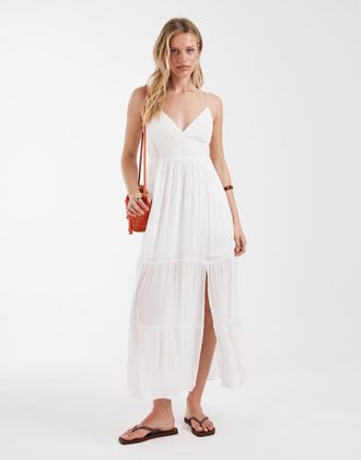 Hollister Vestito lungo bianco a balze con spalline ricamate