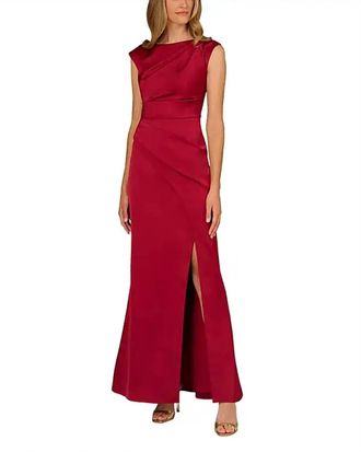 Aidan Mattox Bateau Floor-Length Satin High Slit Gown In Matador Red