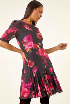 Roman Floral Print Mesh Stretch Dress