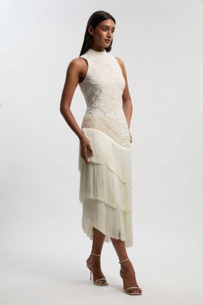 Karen Millen Womens Fringed Asymmetric Beaded Halter Neck Woven Maxi Dress - White - Size 12 UK