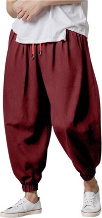 Generic Mens Cotton Trousers Baggy Casual Harem Pants Wide Leg Pants Mens Baggy Cotton Linen Harem Elastic Waist Cuff Wide Leg Loose Fit Yoga Comfort Pajama L