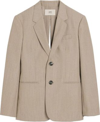Ami Beige Rear-Slit Blazer With Notched Lapels