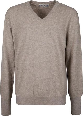 Ballantyne Effen trui met V-hals - Heren - Cashmere truien - Beige - M - Kasjmier - Truien & Vesten
