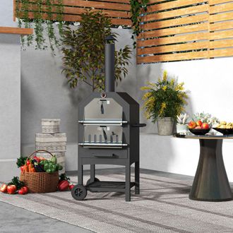 OUTSUNNY 2-in-1 Outdoor Pizza Oven 3-Tier Freestanding Charcoal BBQ Grill w/ Rain Cover, Chimney, Thermometer, Bottom Shelf, Anti-scald Handles