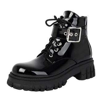 Generic Womens British Style Ankle Boots Round Toe Platform Med Heel With Zipper Lace Up And Buckle Combat Booties