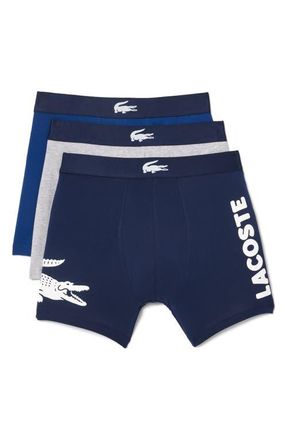 Lacoste Assorted 3-Pack Stretch Cotton Boxer Briefs in Navy/White-Silver-Methylene at Nordstrom, Size X-Small