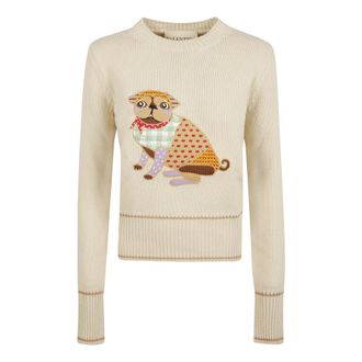 Valentino Garavani Round-neck Knitwear, female, Beige, L, Le Chien de la Maison Embroidered Jumper