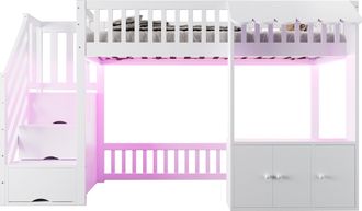 STILVORA Cama Alta 90 X 200 Cm Con Escalera De Almacenamiento, Led Multicolor, Sin Colch&oacute;n, De Madera Maciza Y Mdf, Blanco