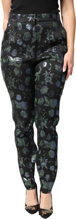 Dolce & Gabbana BlueGreen Floral Metallic Slim Trouser Womens Pants
