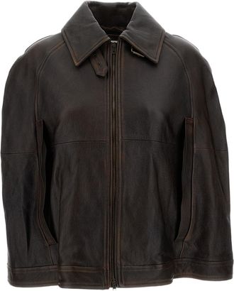 7 For All Mankind Brown Leather Cape with Wide Collar and Two-Way Zip Closure